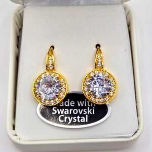 NIB Beautiful Swarovski Crystal Halo Dangling Earrings Gold Overlay New in Box